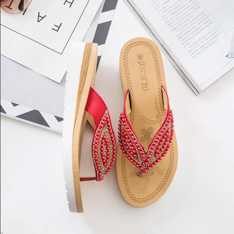 Vanccy Rhinestone Eye Personality Pearl Slippers
