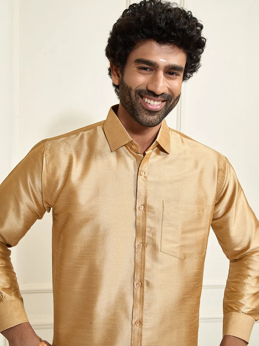 VASTRAMAY Men's Rose Gold Silk Blend Ethnic Shirt