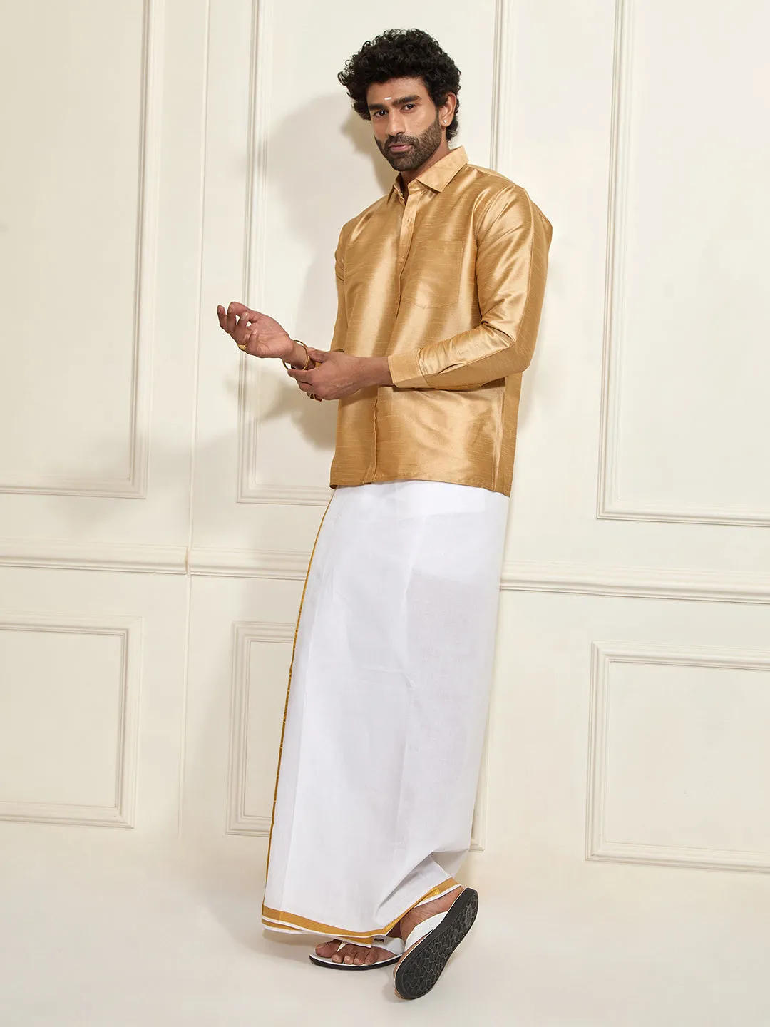 VASTRAMAY Men's Rose Gold Silk Blend Ethnic Shirt