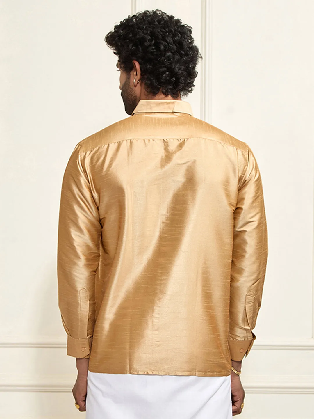 VASTRAMAY Men's Rose Gold Silk Blend Ethnic Shirt