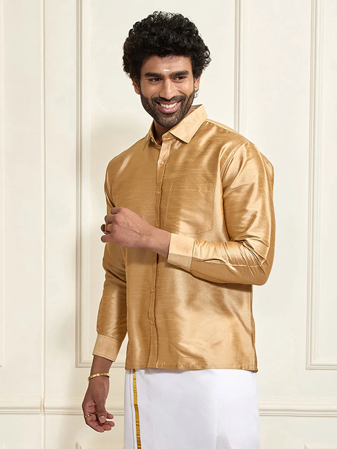 VASTRAMAY Men's Rose Gold Silk Blend Ethnic Shirt
