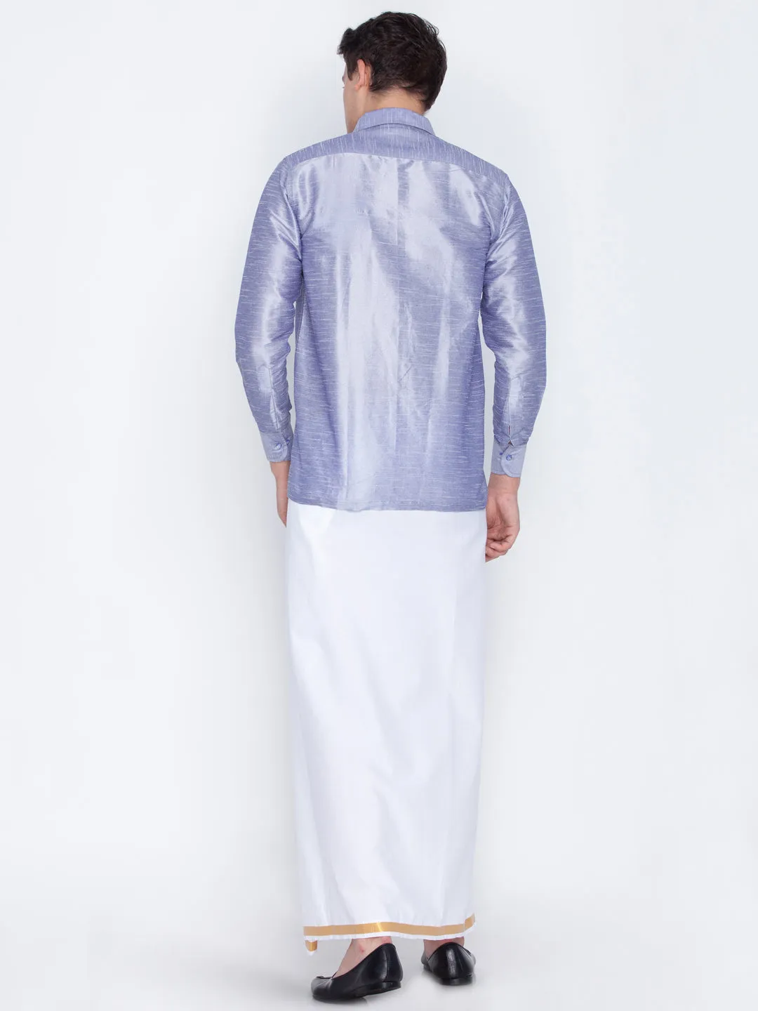 VM By VASTRAMAY Men's Blue Cotton Silk Blend Shirt and Mundu Set