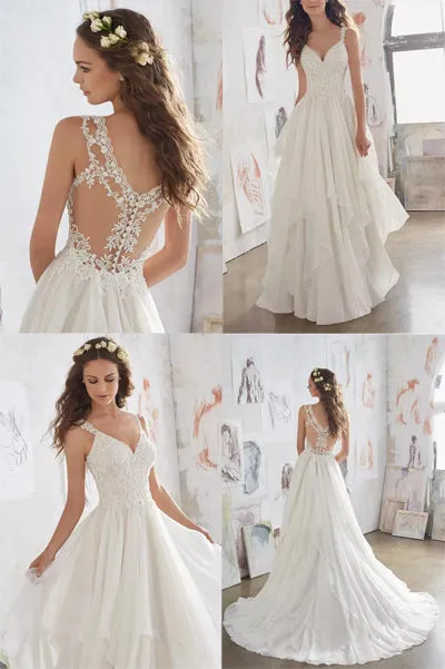 White Illusion Chiffon Straps V-neck Beach Wedding Dress Cheap Bridal Dress, SW246