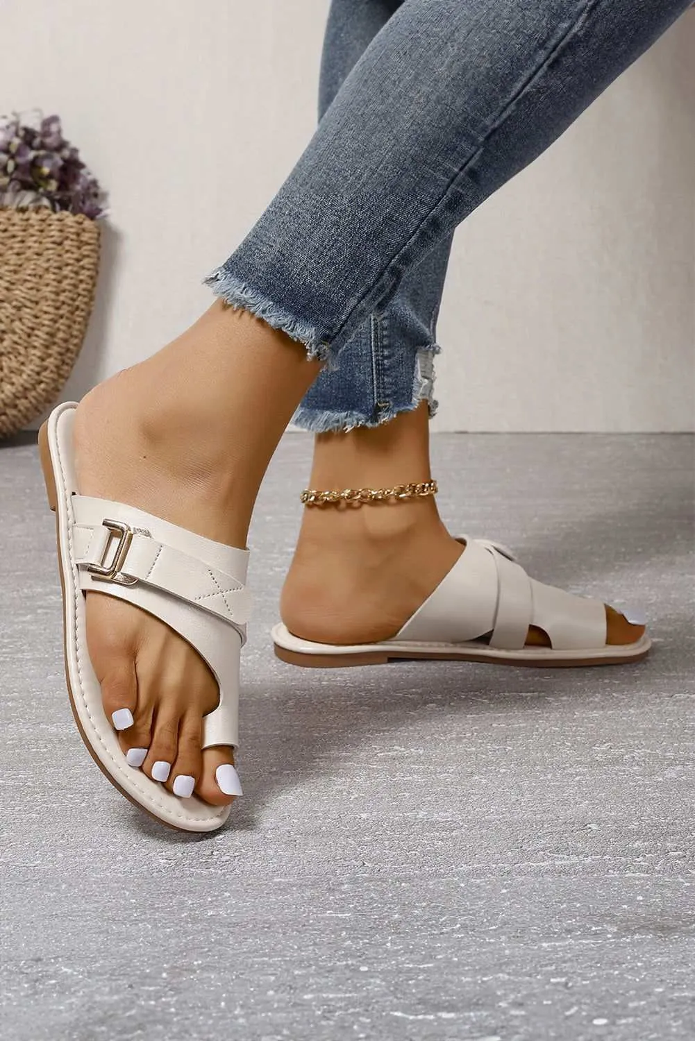 White PU Leather Metal Buckle Flat Thong Slides Shoes