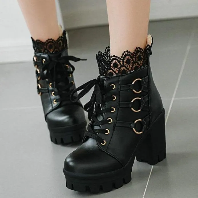 Women ankle flower hollow chunky heel platform lace up boots