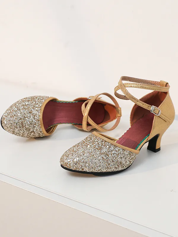 Women's Dancewear Shoes Buckle Glitter Low Heel Round Toe Latin Suede Dance Shoes