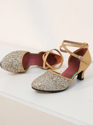Women's Dancewear Shoes Buckle Glitter Low Heel Round Toe Latin Suede Dance Shoes