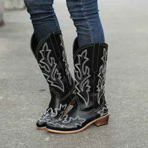 Women's flower embroidery mid calf cowboy boots