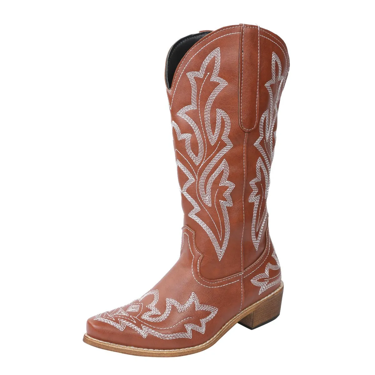 Women's flower embroidery mid calf cowboy boots