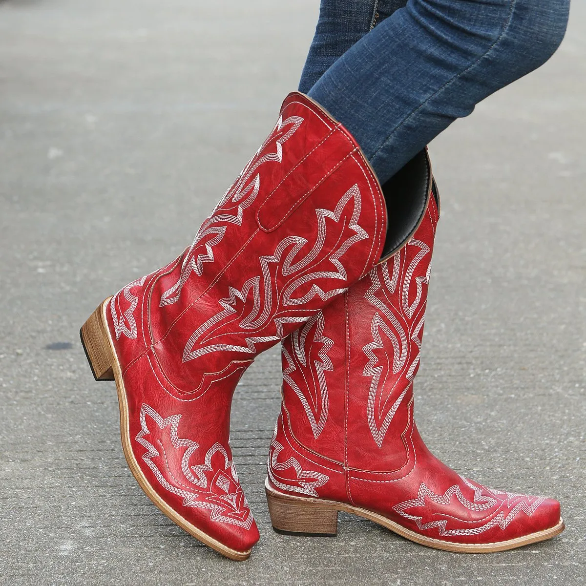 Women's flower embroidery mid calf cowboy boots