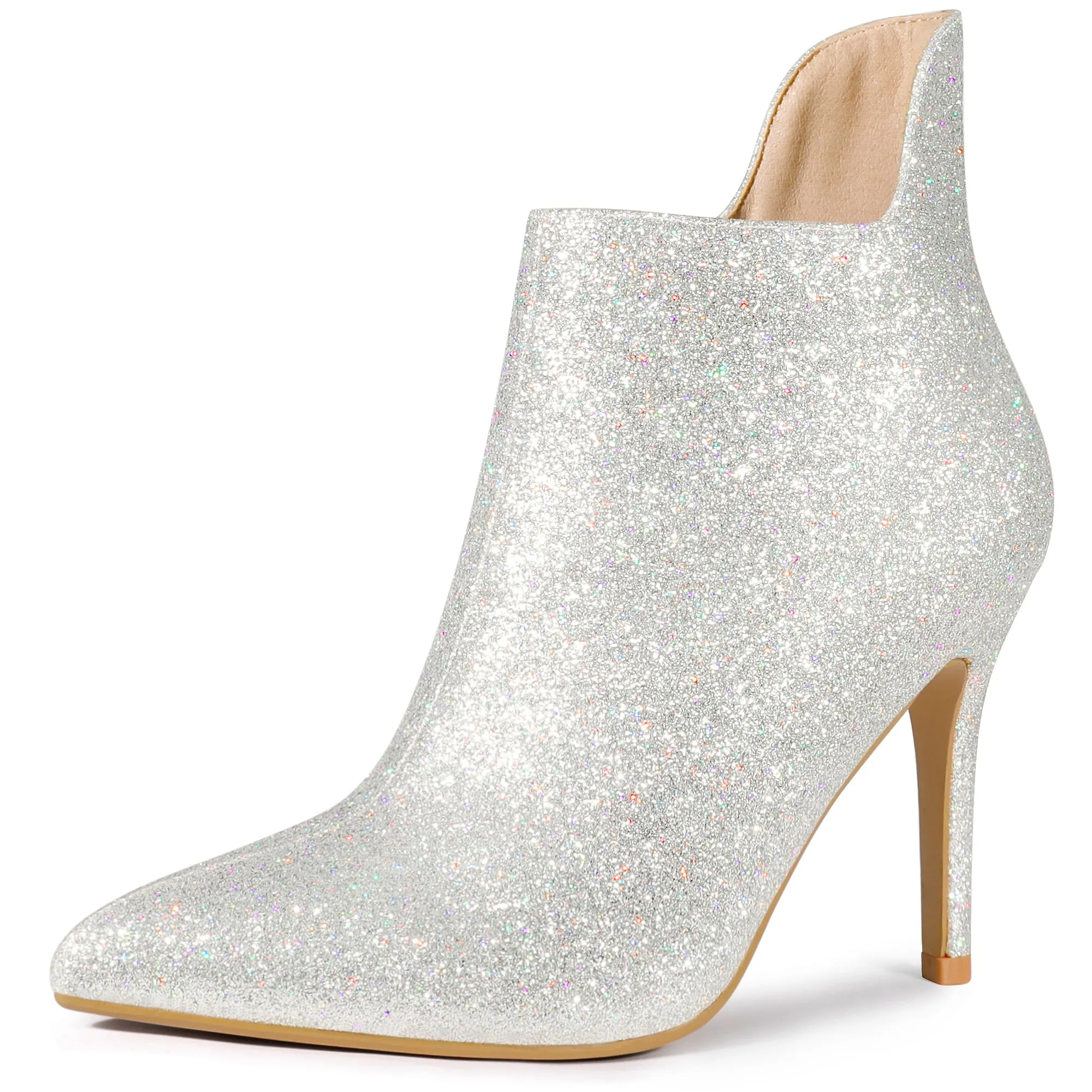 Women's Glitter Pointed Toe Stiletto Heel Cutout Ankle Boots