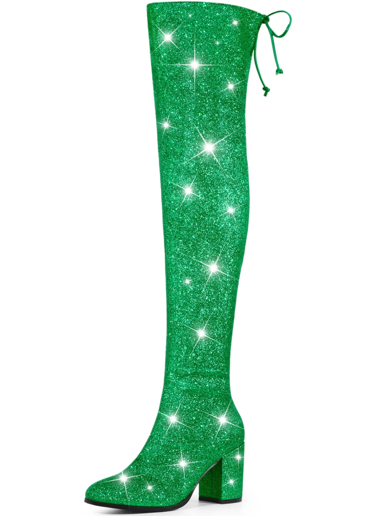 Women's Glitter Round Toe Chunky Heel Over the Knee High Boots