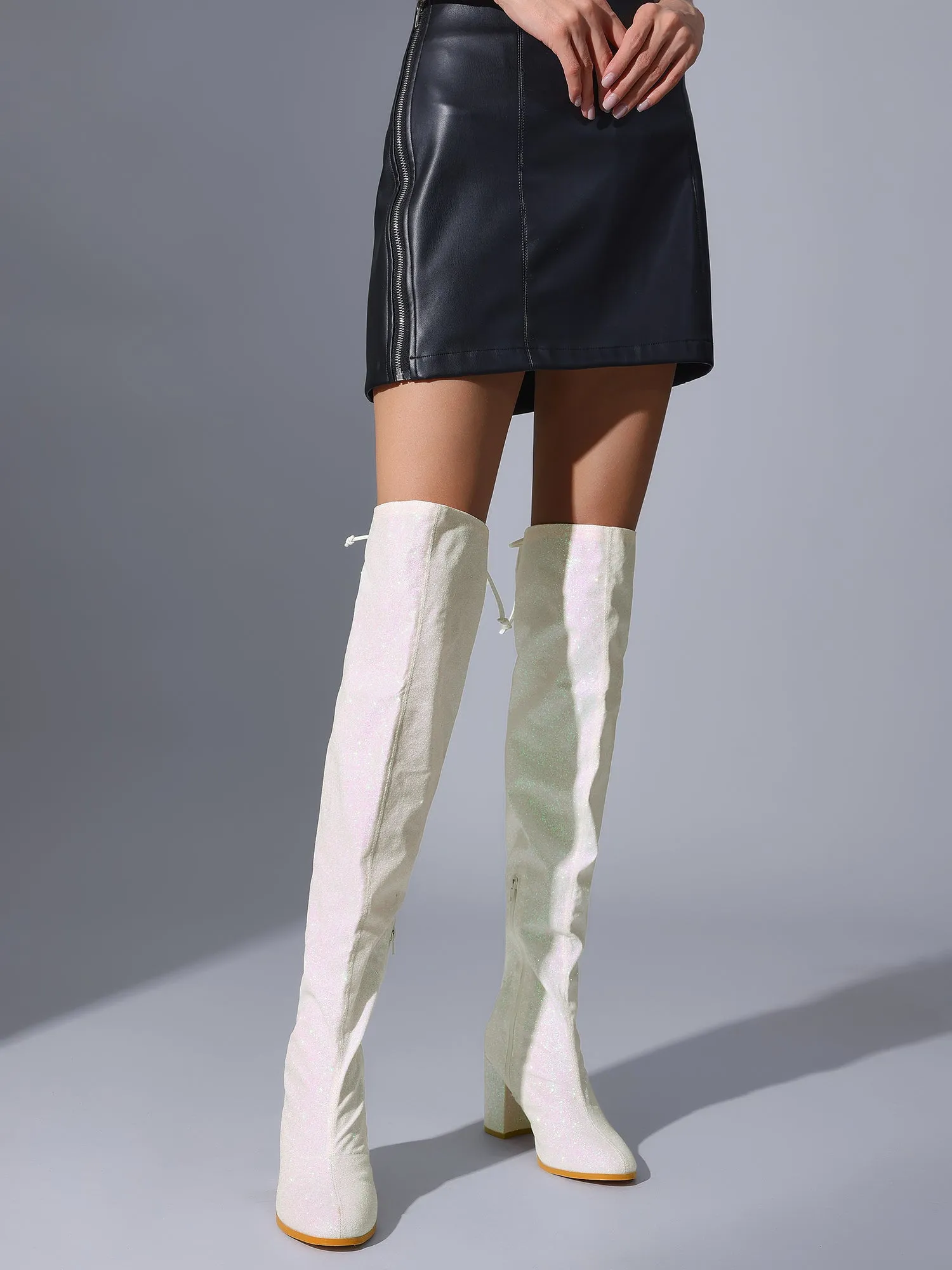 Women's Glitter Round Toe Chunky Heel Over the Knee High Boots