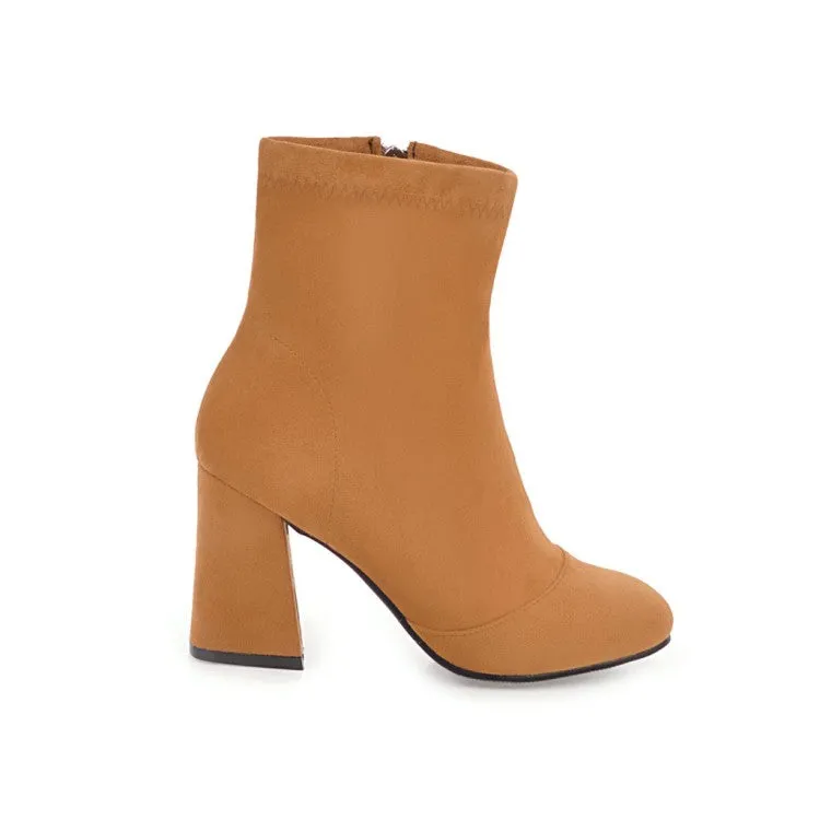 Women's Suede Round Toe Side Zippers Block Heel Short Boots