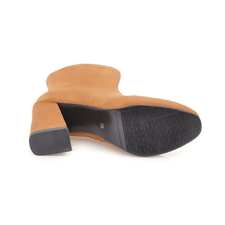 Women's Suede Round Toe Side Zippers Block Heel Short Boots