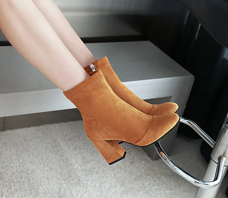 Women's Suede Round Toe Side Zippers Block Heel Short Boots