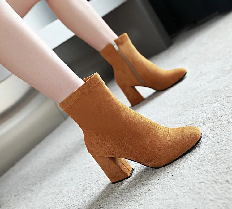 Women's Suede Round Toe Side Zippers Block Heel Short Boots