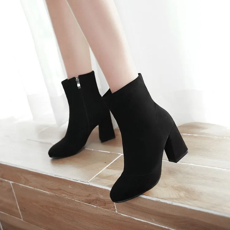 Women's Suede Round Toe Side Zippers Block Heel Short Boots