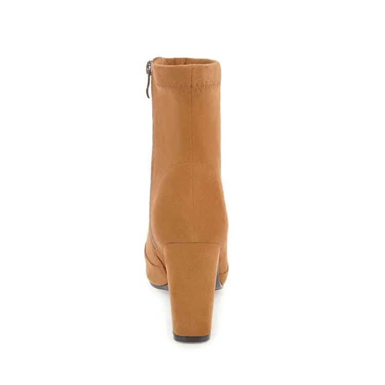 Women's Suede Round Toe Side Zippers Block Heel Short Boots