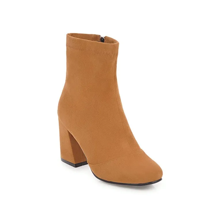 Women's Suede Round Toe Side Zippers Block Heel Short Boots