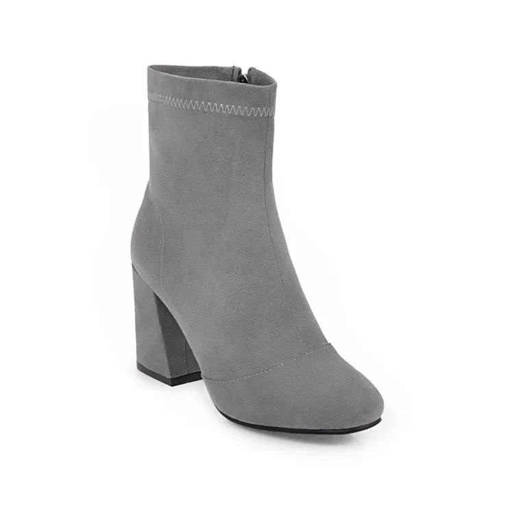 Women's Suede Round Toe Side Zippers Block Heel Short Boots