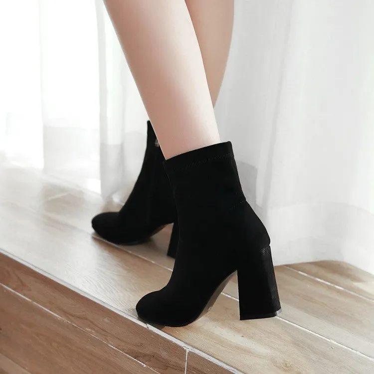 Women's Suede Round Toe Side Zippers Block Heel Short Boots