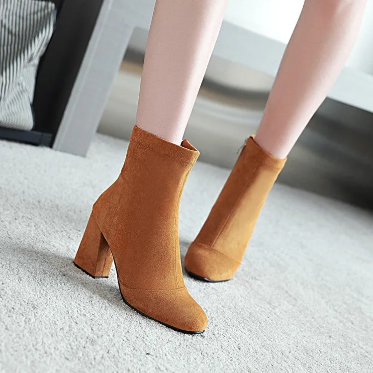 Women's Suede Round Toe Side Zippers Block Heel Short Boots