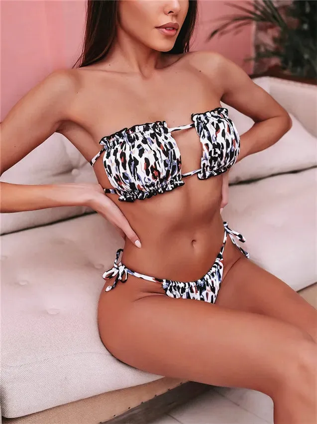 Women's Swimwear Tube Pleated Hollow Out Multi Color Solid Print Sexy Bikini Swim Suit 1pc