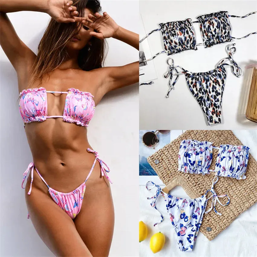 Women's Swimwear Tube Pleated Hollow Out Multi Color Solid Print Sexy Bikini Swim Suit 1pc