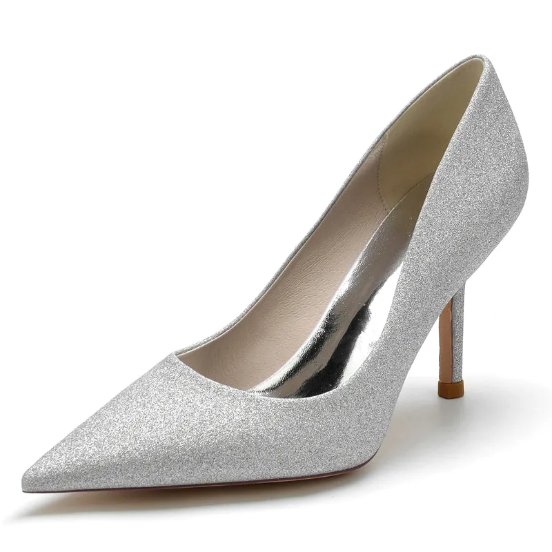 Women's Wedding Shoes Sparkling Stretch Glitter Simple Pointed Toe High Heel Bridal Shoes