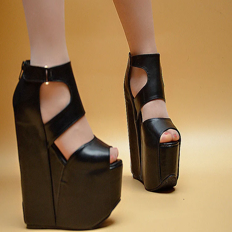 Zipper PU Peep-toe Super High Heel Wedge Sandals