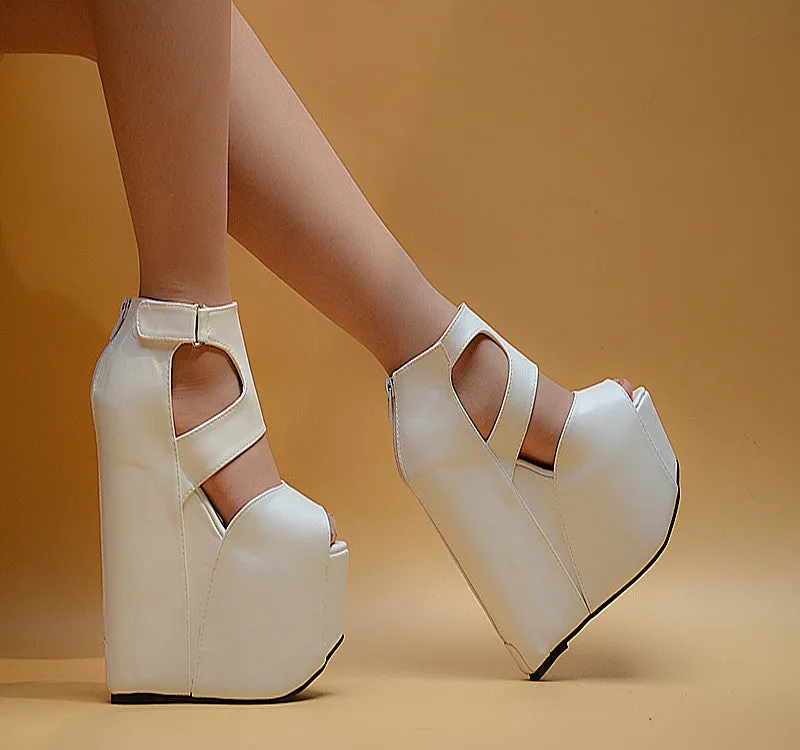 Zipper PU Peep-toe Super High Heel Wedge Sandals